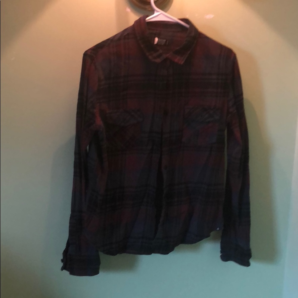Maroon plaid flannel, double breasted pockets
